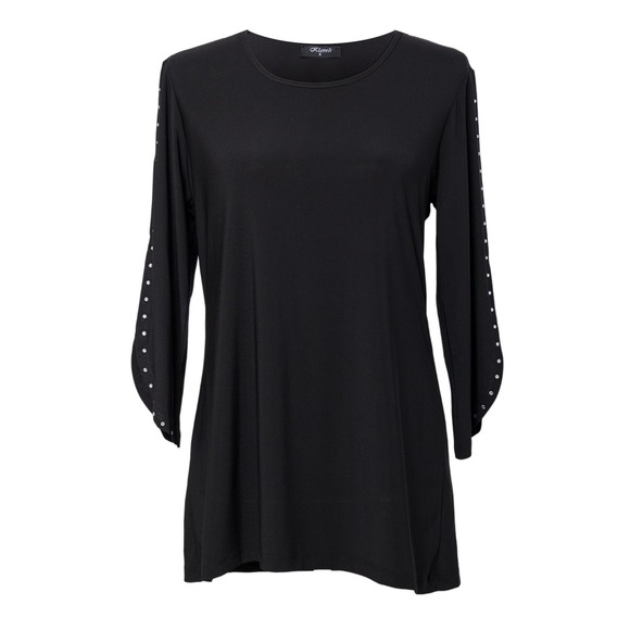 Klaveli Tops - Women's Black Dressy Top Cutout Rhinestone Sleeves 3/4 Sleeves Scoop Neck NWT